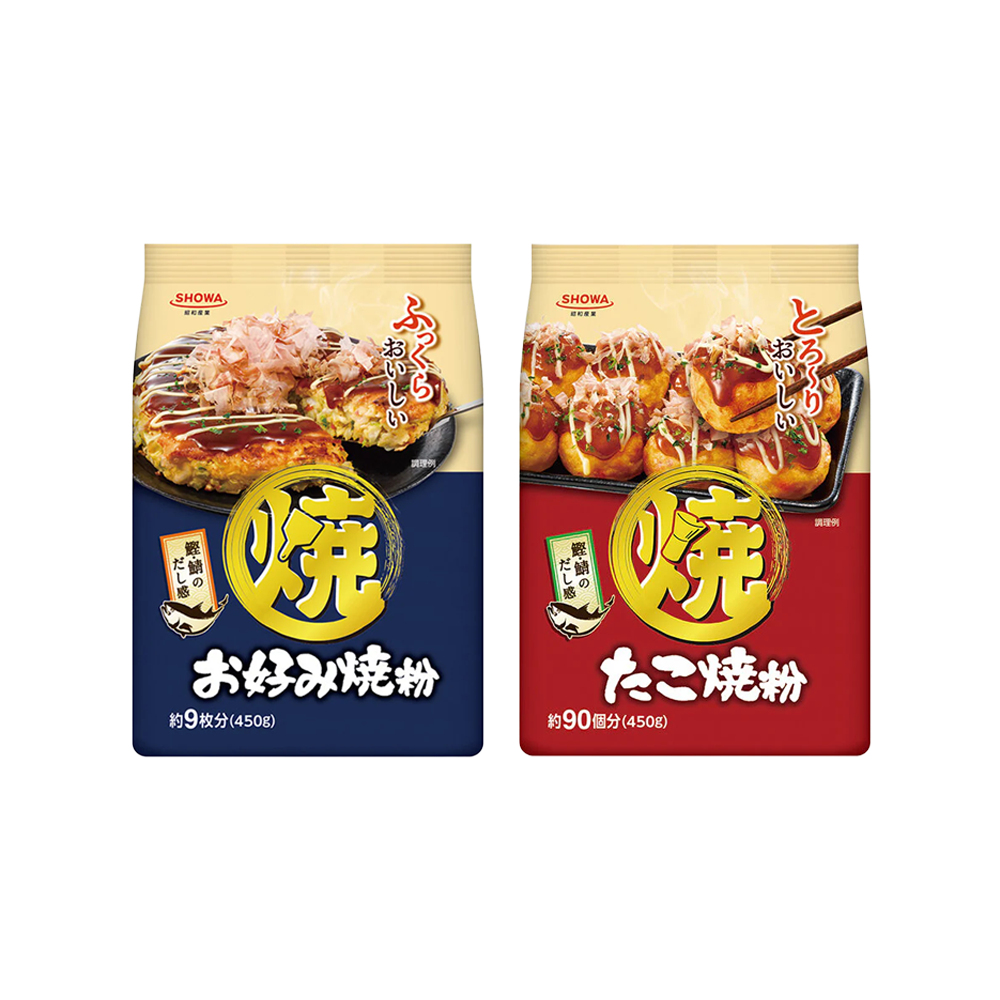 <font color="#FF0000">2パックセット</font><br>昭和 お好み焼粉 450g(約9枚分)＋昭和 たこ焼粉 450g(約90個分)